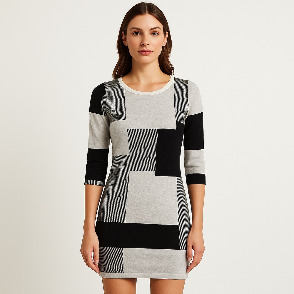 Spense Colorblock Sweater Dress Gray Black 3/4 Sleeve Size M